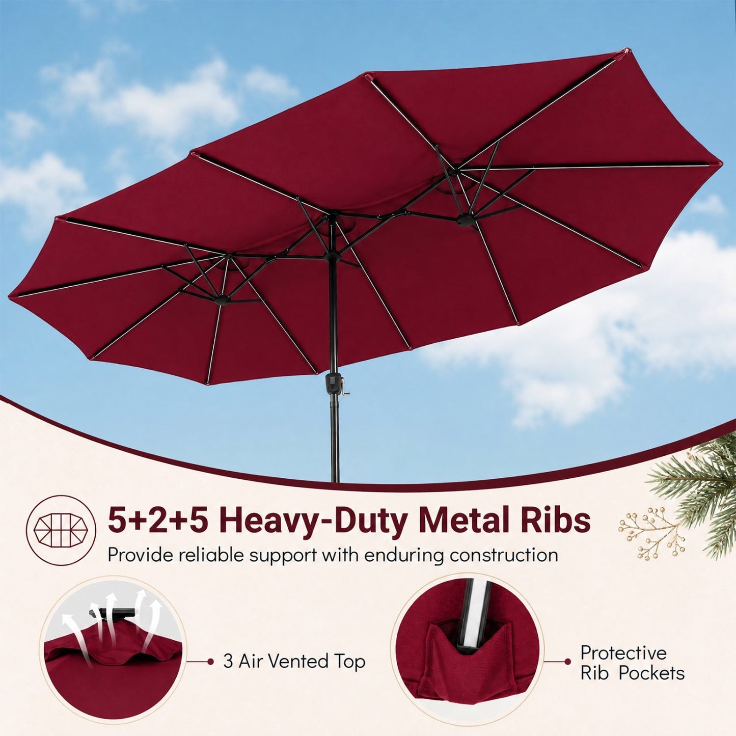 15.5 ft Patio Umbrella with Solar LED Lights & Crank