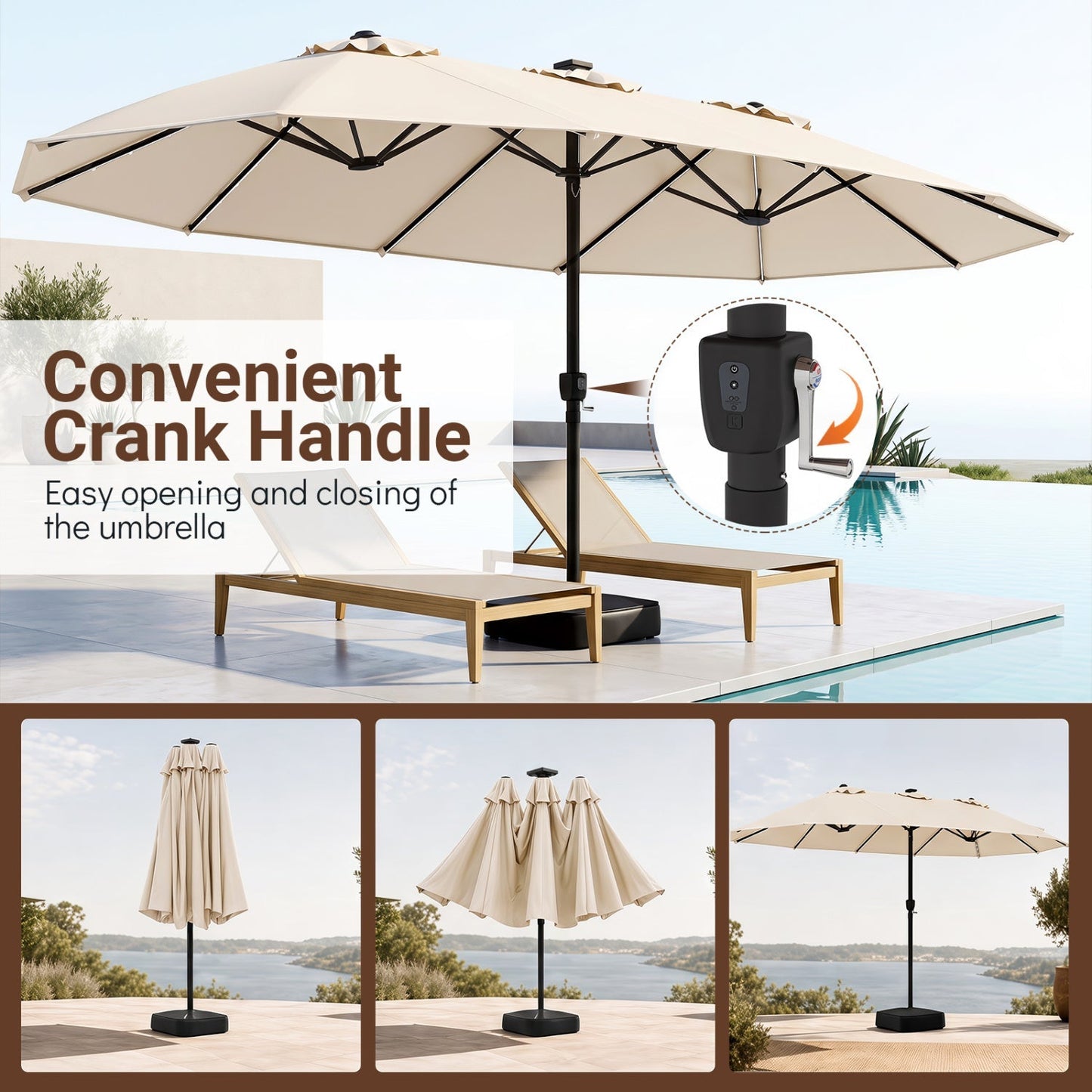 15.5 ft Patio Umbrella with Solar LED Lights and Base