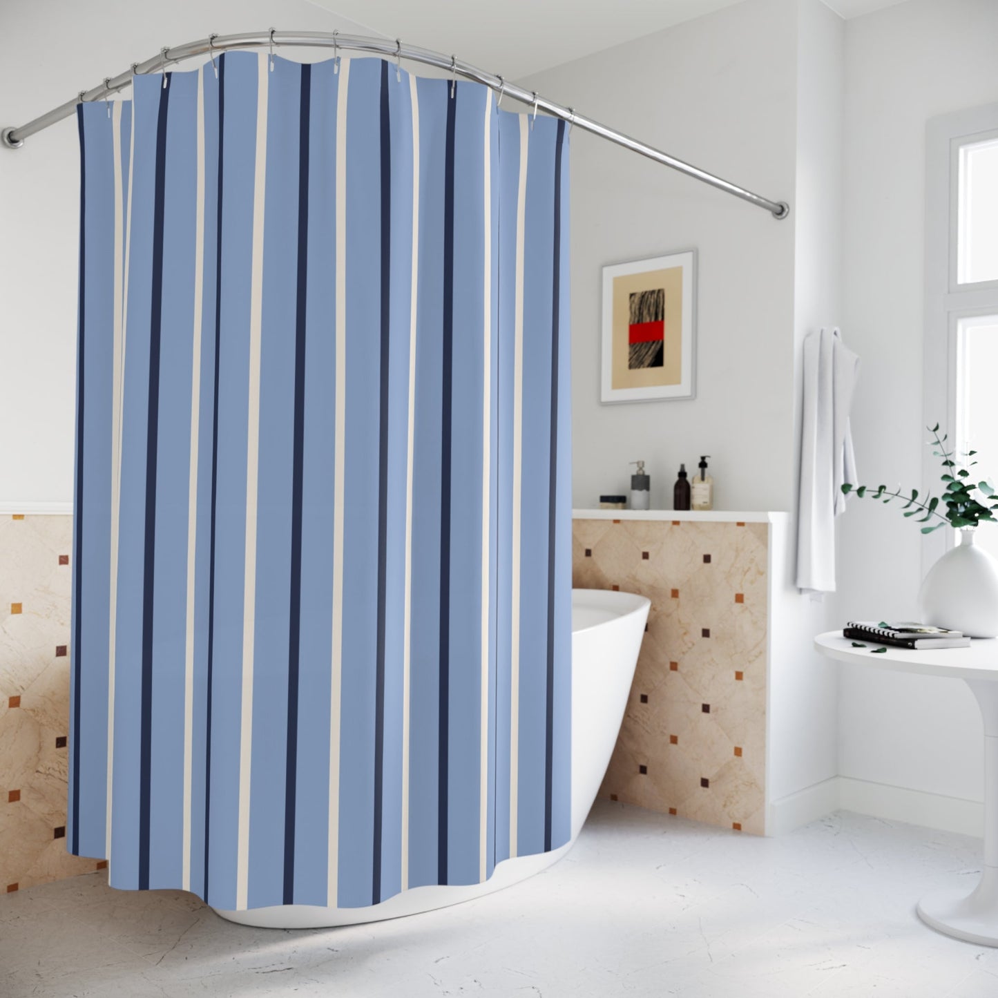 Elegant Slate Blue Stripe Shower Curtain – Coastal Modern Bathroom Decor