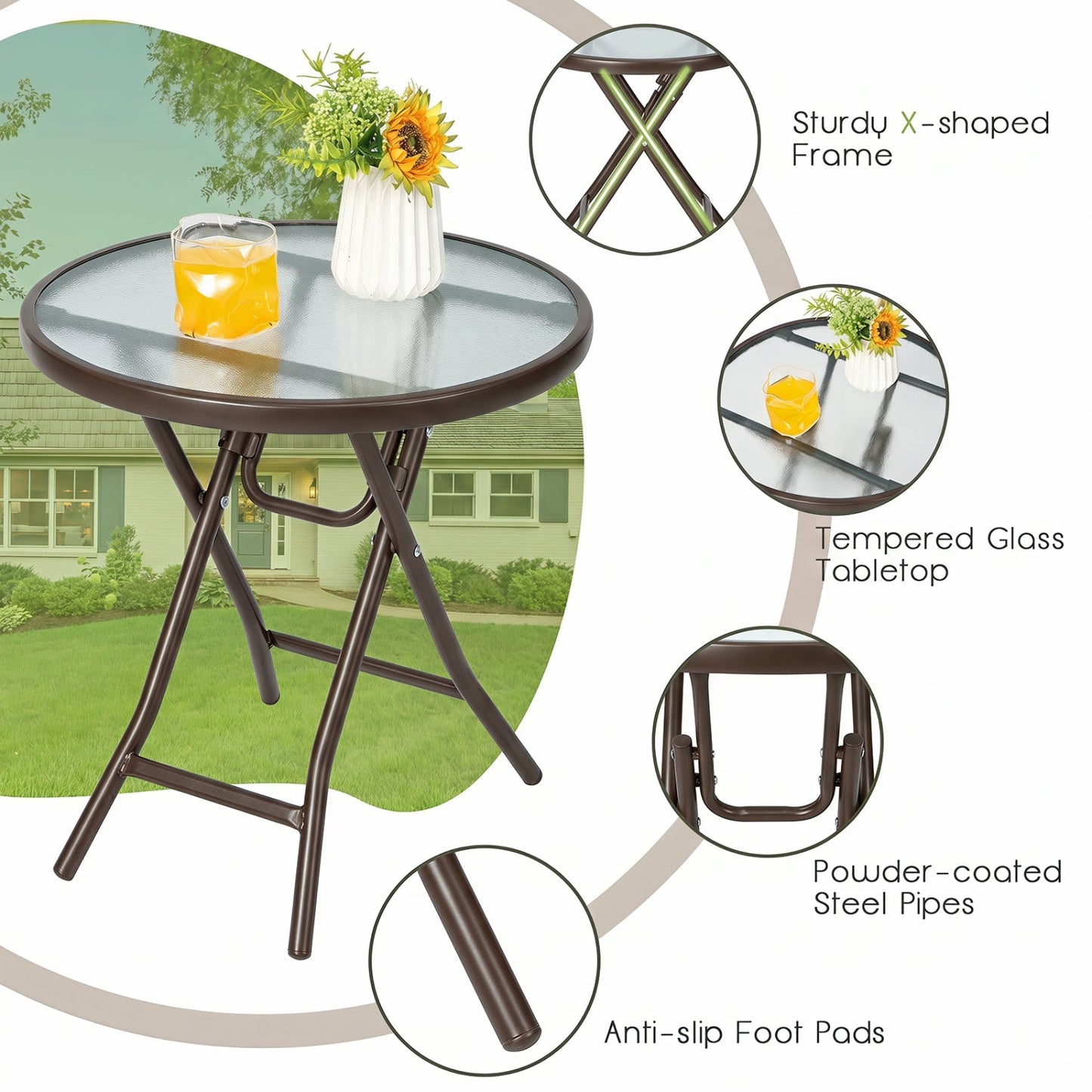 18" Round Folding Patio Side Table with Tempered Glass Top