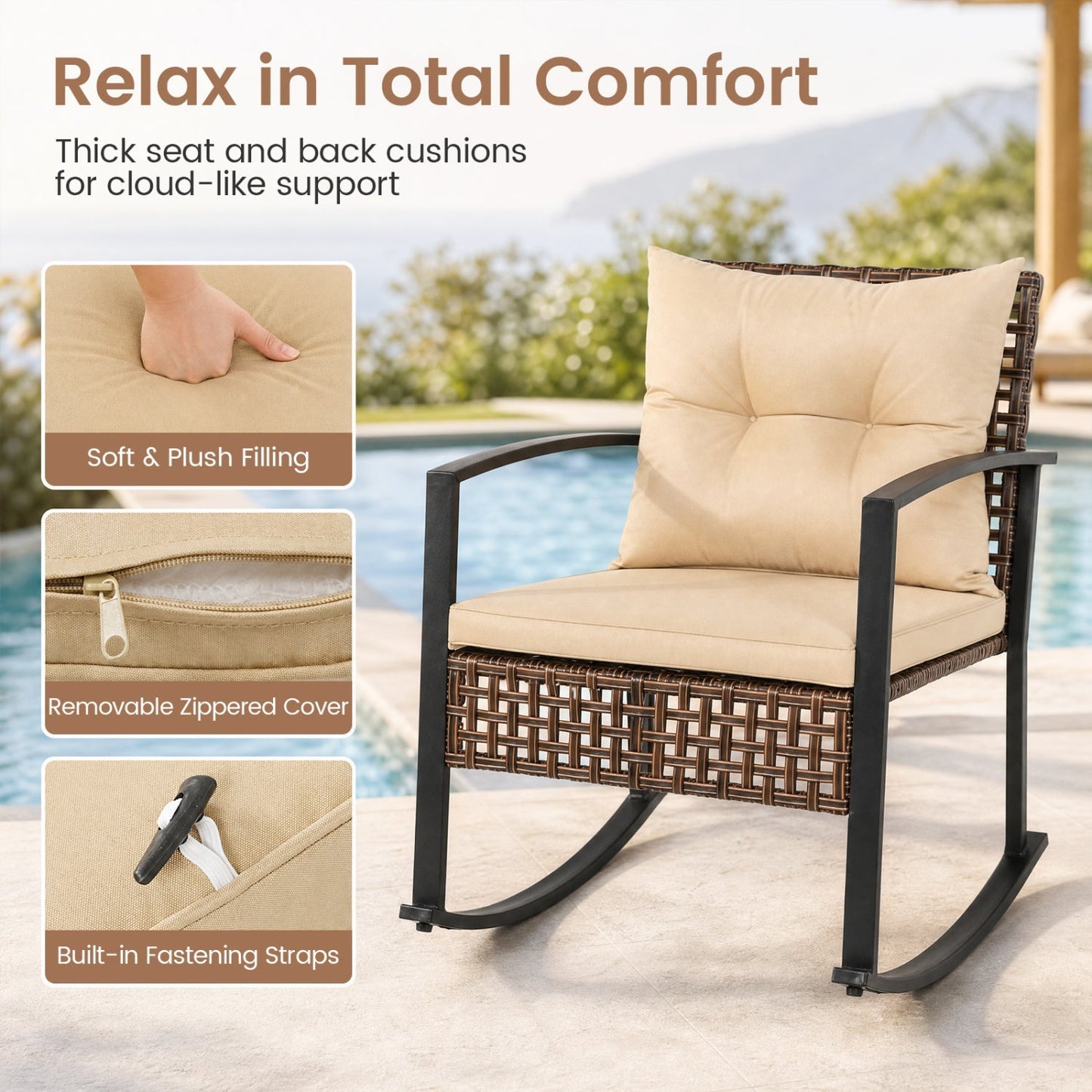 3-Piece Rocking Chair Patio Set with Glass Coffee Table