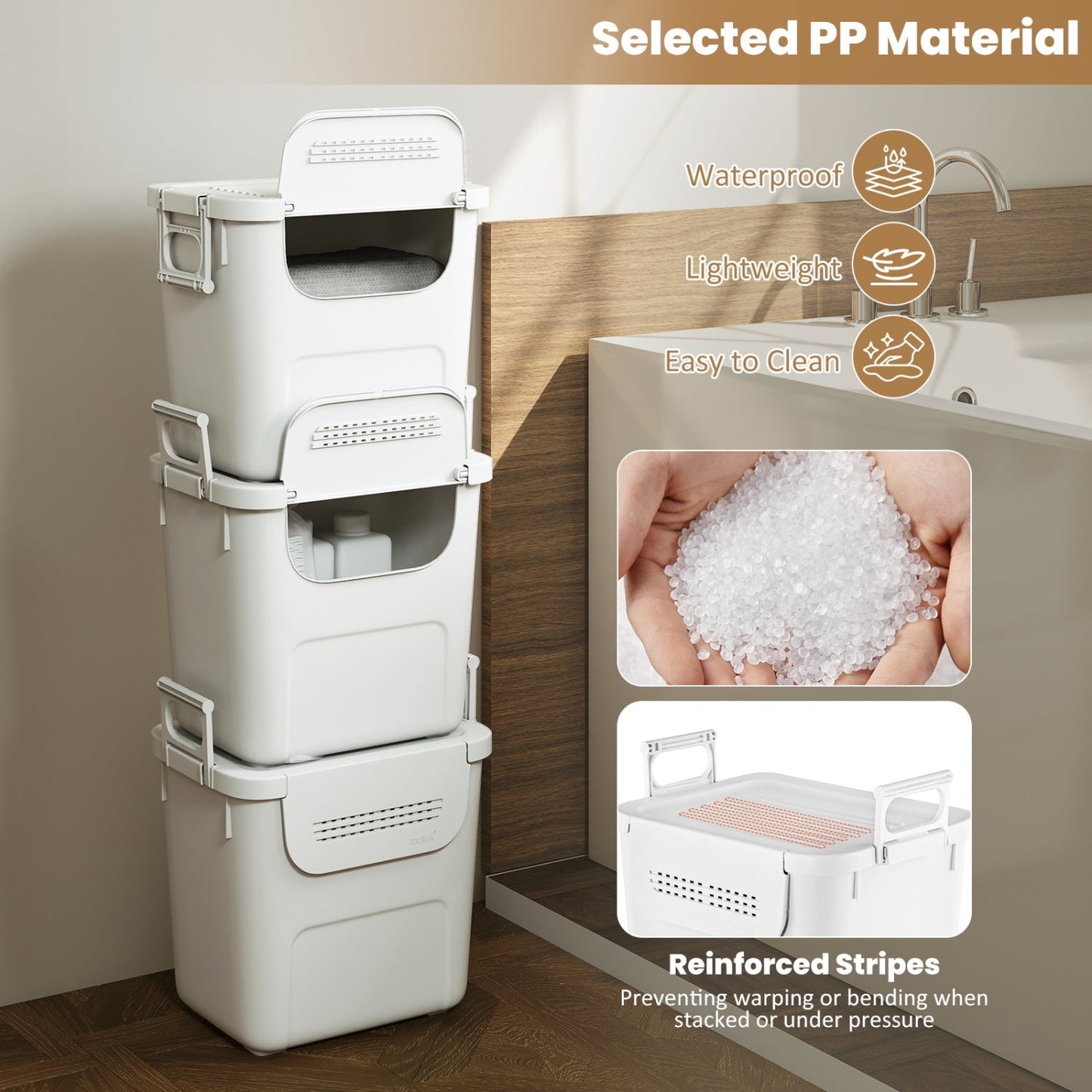 3 Pieces Plastic Storage Bins Stackable with Front Door and Side Handles-White