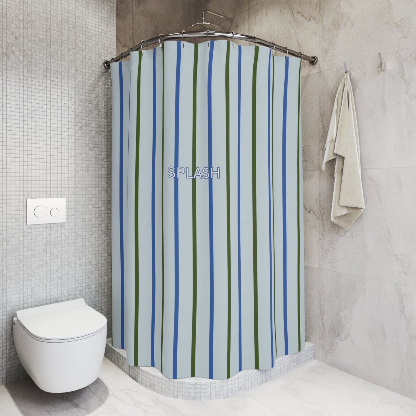 Striped 'SPLASH' Shower Curtain — Coastal Blue & Olive Bath Curtain