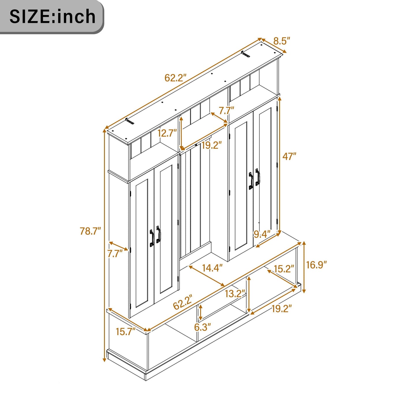 Entryway Hall Tree With Bench, 3 Top Cubbies & Bottom Storage Space