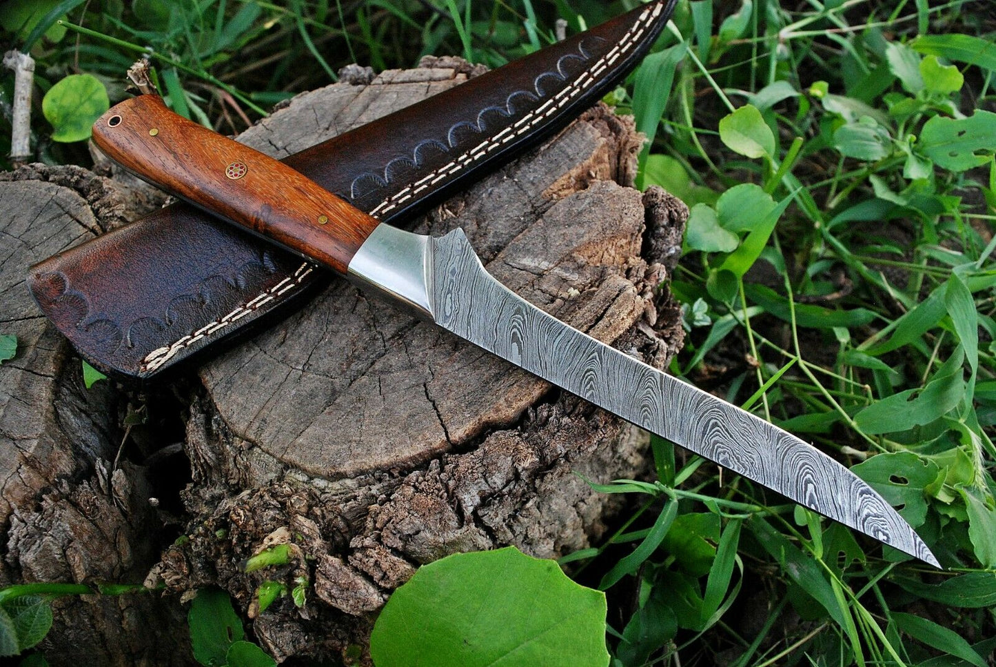 Custom Handmade Damascus Fillet Knife - 10.5" Blade with Rosewood Handle & Leather Sheath | Premium Fishing Fillet Knives