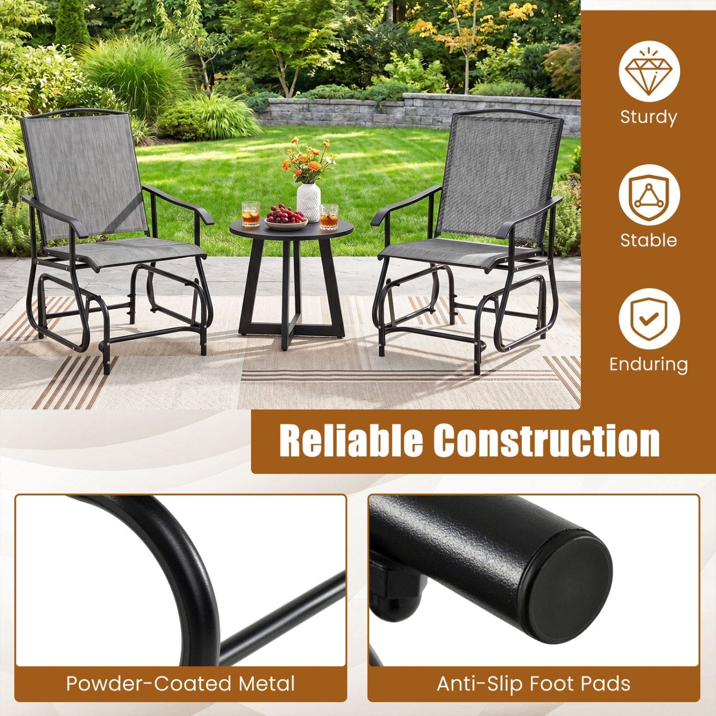 Outdoor Glider Chair with Metal Frame and Armrests
