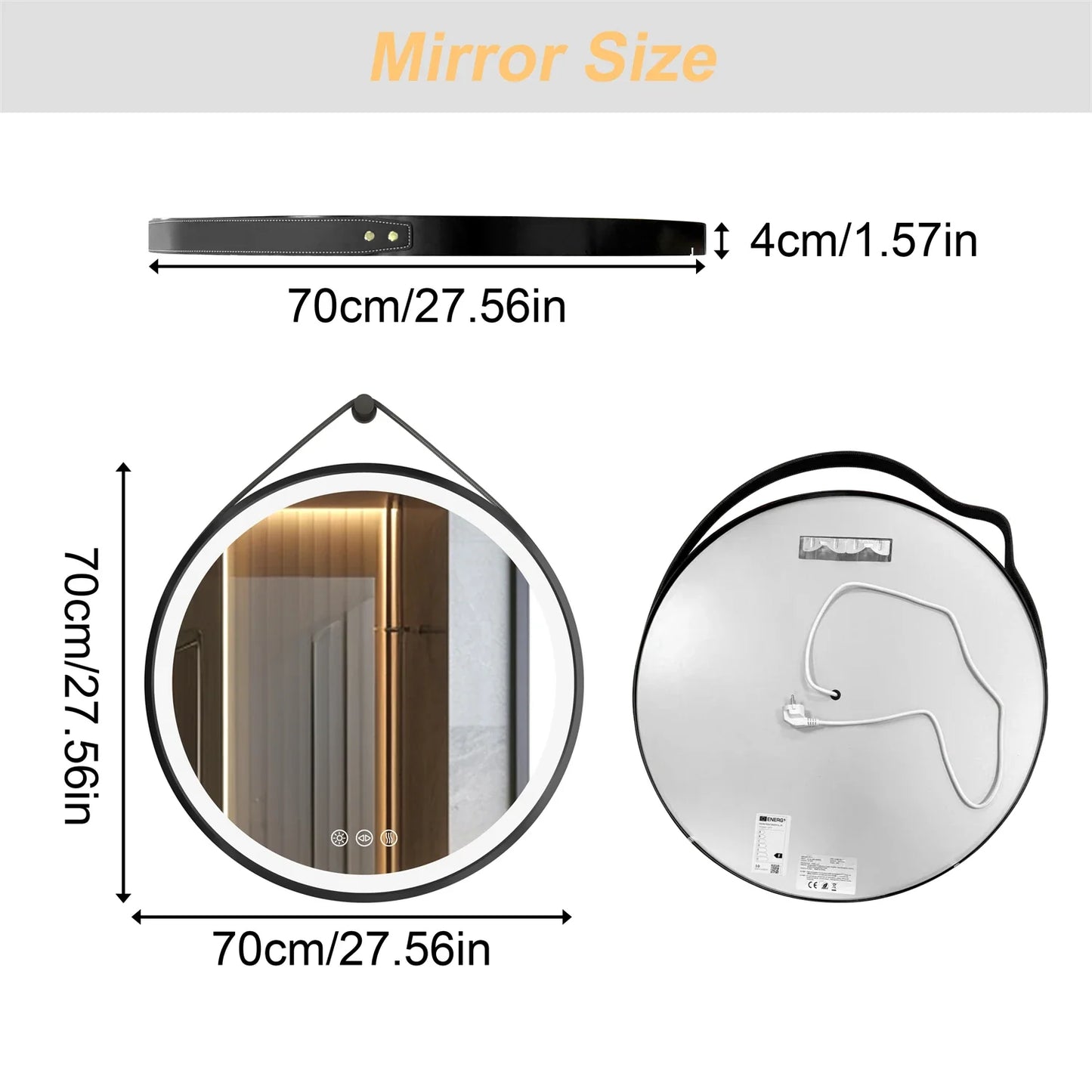 Round LED Bathroom Mirror With Leather Strap Anti Fog