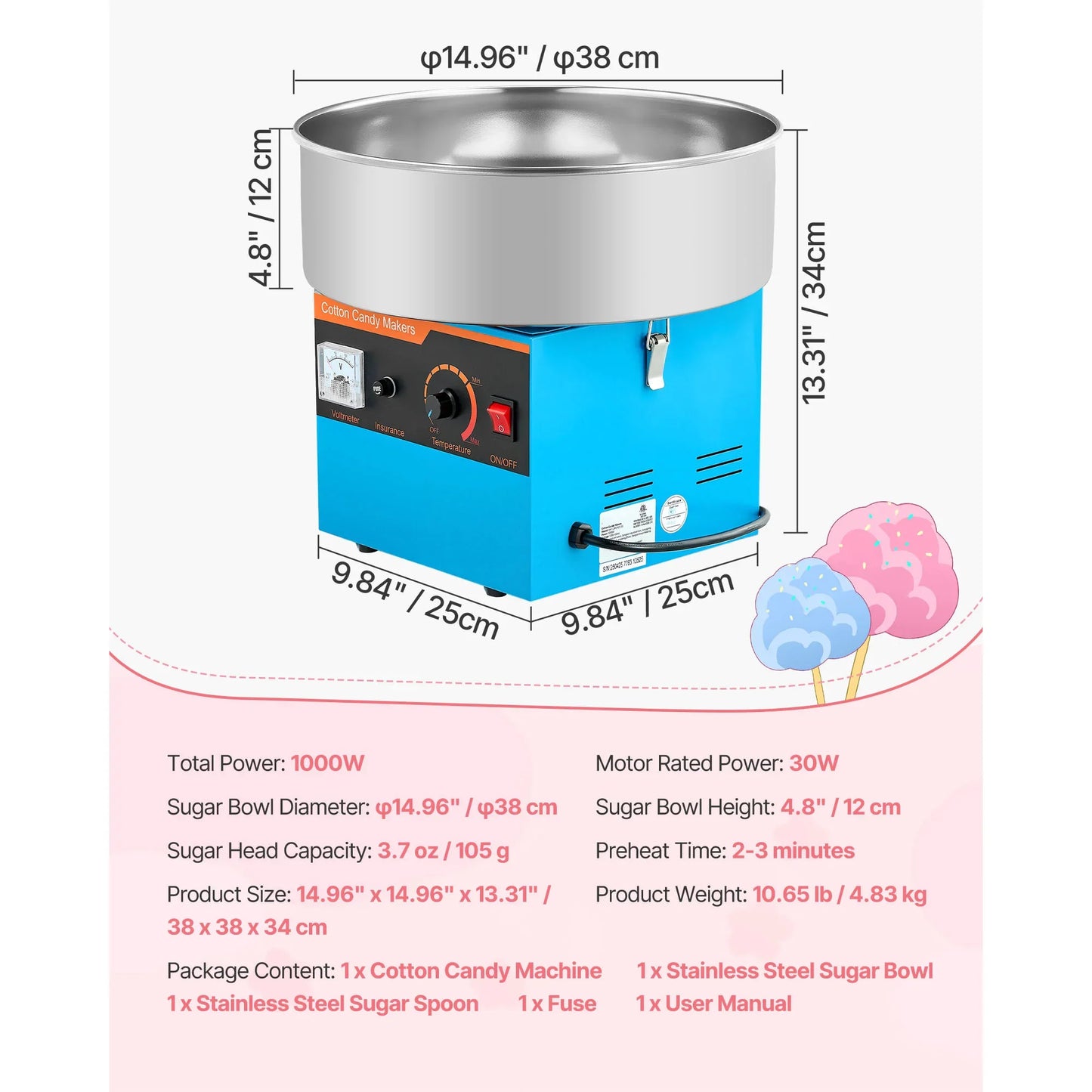 SucceBuy Cotton Candy Machine 1000W Electric Floss Maker Stainless Bowl