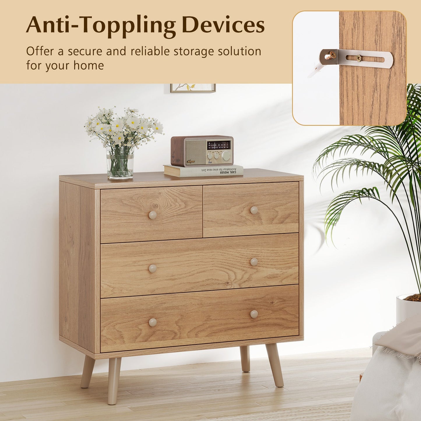 Wide Wooden Dresser with 4 Drawers for Bedroom Living Room