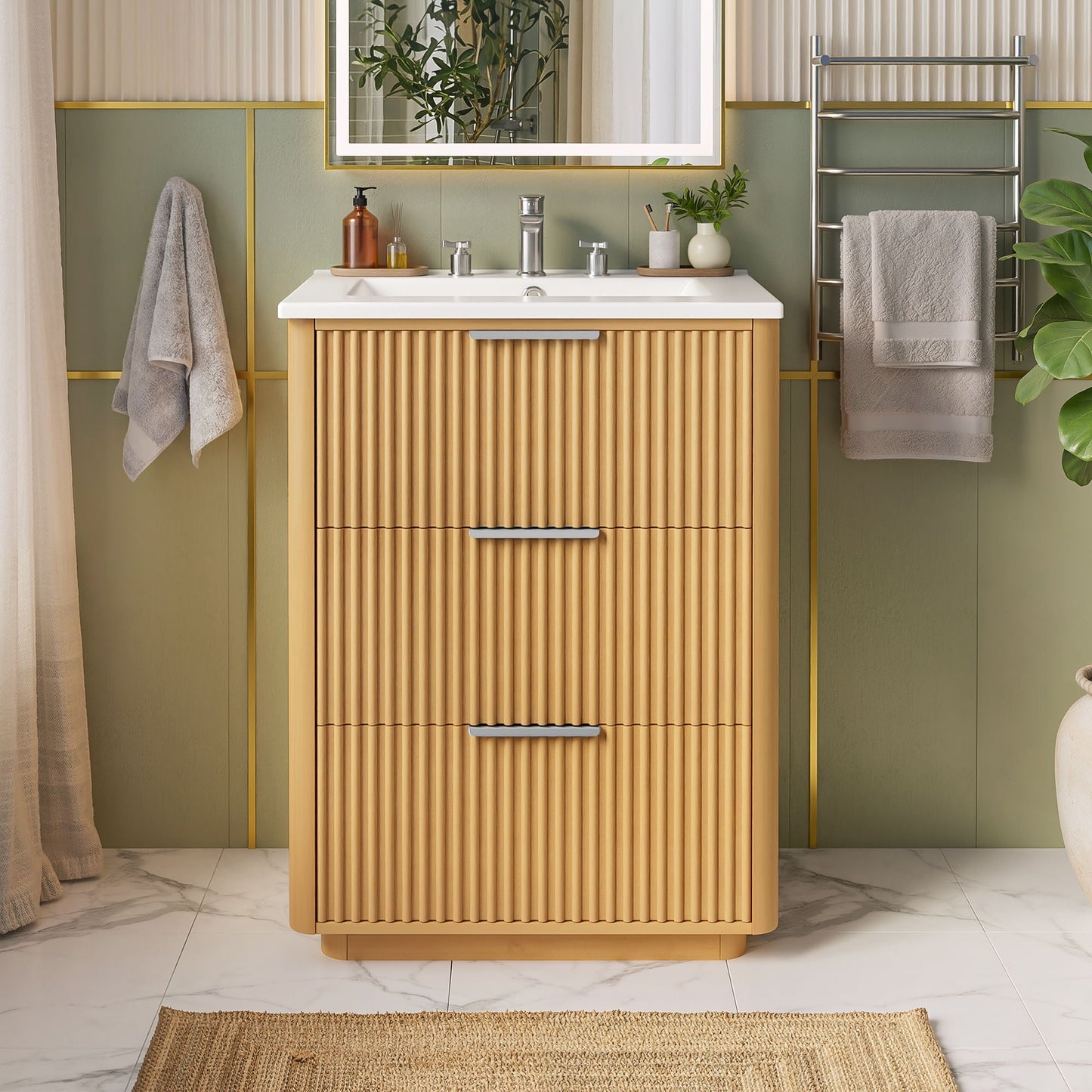 Bathroom Vanity With Sink, Open Shelf & Closed Storage - Natural Wood