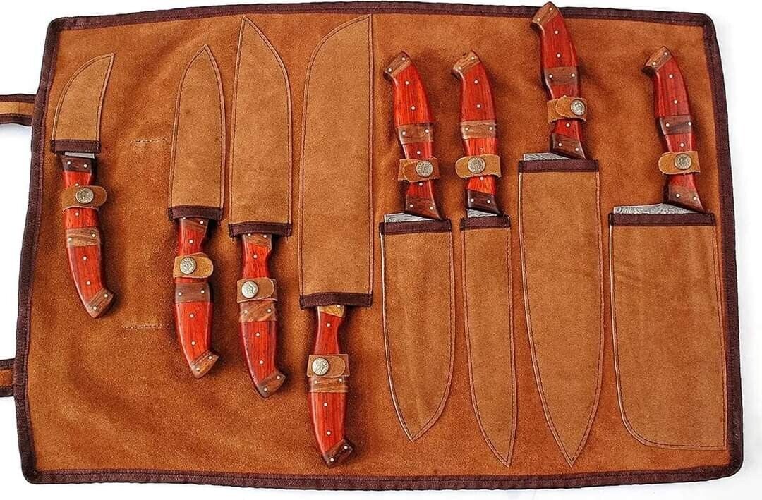Custom Handmade Damascus Kitchen Knives Set - Rosewood & Pakkawood Handles