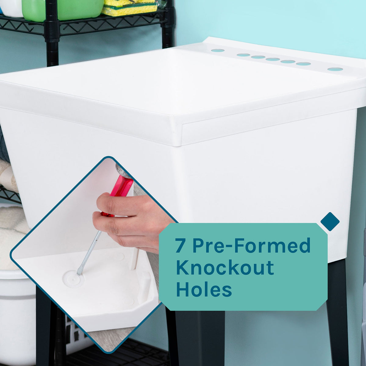 Tehila Standard Freestanding White Utility Sink with Black Legs, Water Supply Lines Included