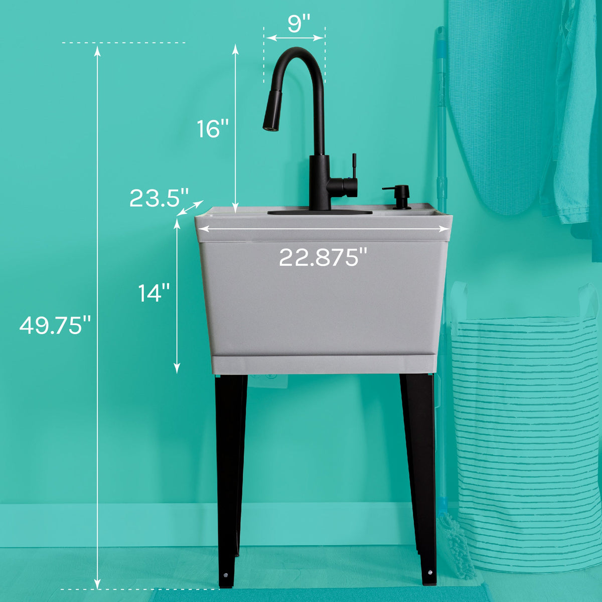 Tehila Standard Freestanding Grey Utility Sink with Black Finish High-Arc Pull-Down Faucet and Soap Dispenser