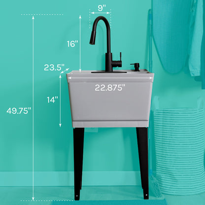 Tehila Standard Freestanding Grey Utility Sink with Black Finish High-Arc Pull-Down Faucet and Soap Dispenser