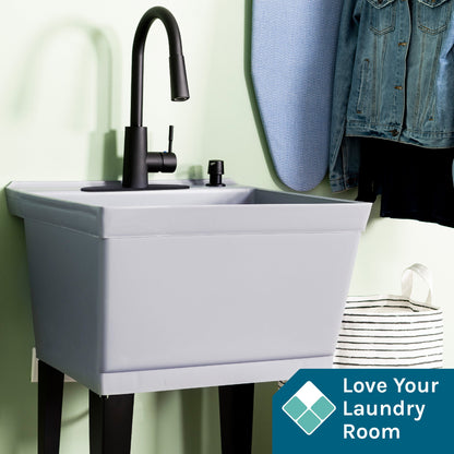 Tehila Standard Freestanding Grey Utility Sink with Black Finish High-Arc Pull-Down Faucet and Soap Dispenser