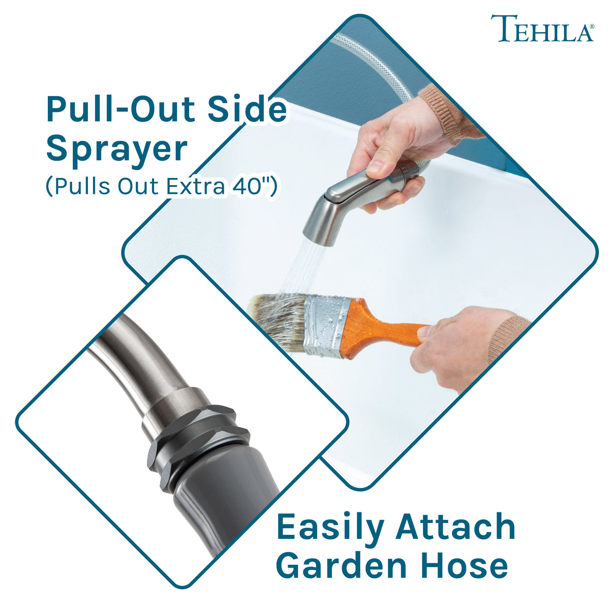 Tehila Space Saver Freestanding White Utility Sink with Stainless Steel Finish Gooseneck Faucet and Side Sprayer