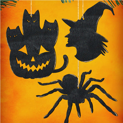 Halloween Wooden Ornaments-Pumpkin, Witch Hat, Spider-Set of 3 - Thanksgiving Halloween Decor - 8100186S3