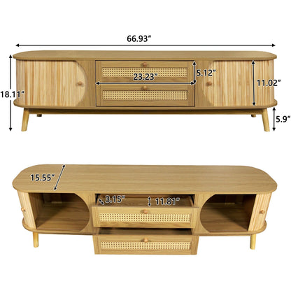 Rattan TV Stand For Tvs Up To 75'', Modern Farmhouse Media Console, Entertainment Center With Legs, TV Cabinet For Living Room, Home Theatre - Natural Wood