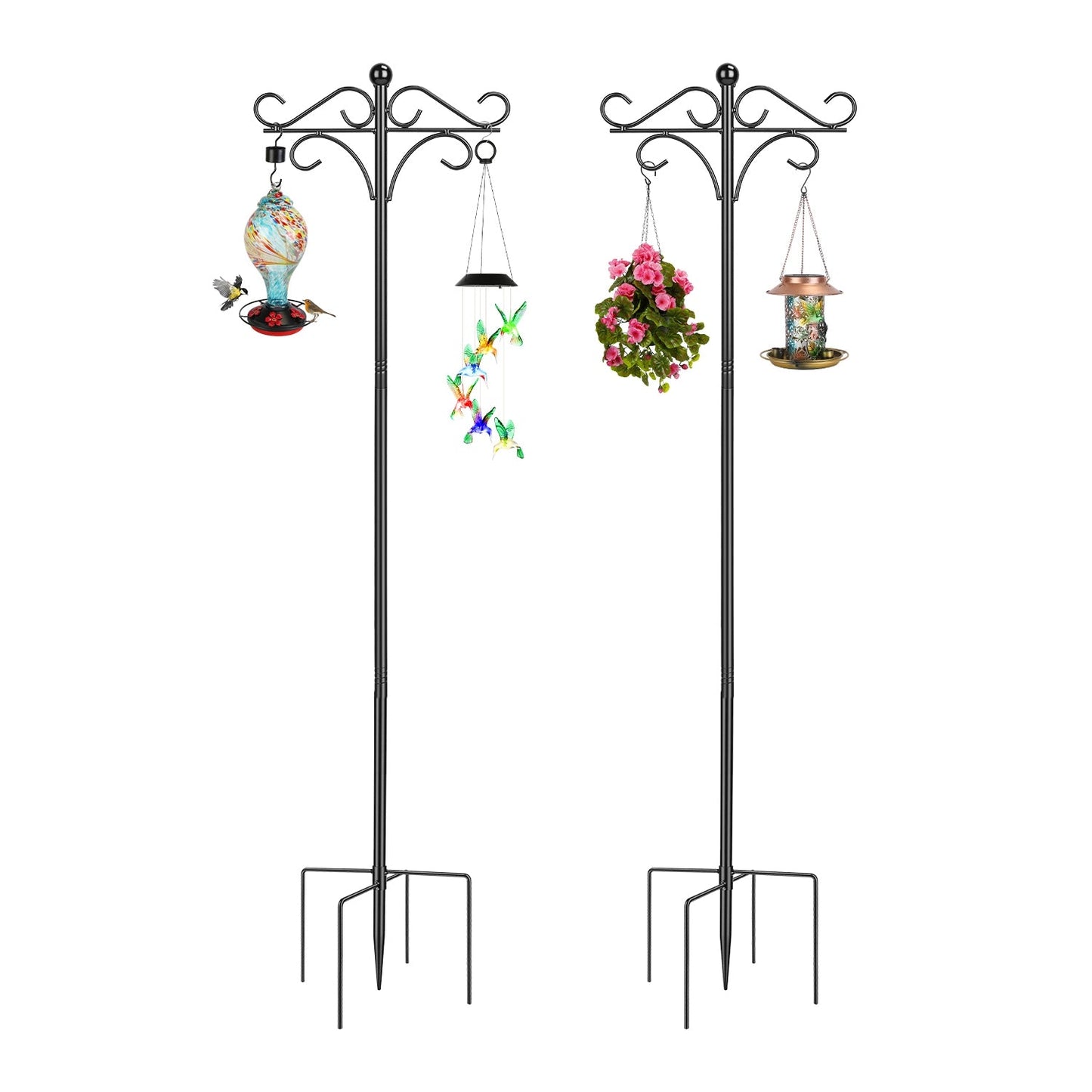 2 Packs 76in Heavy Duty Double Shepherds Hook Bird Feeder Pole Garden Hanging Holder with 4 Adjustable Height 5 Prong Base for Bird Feeder Garden Plan