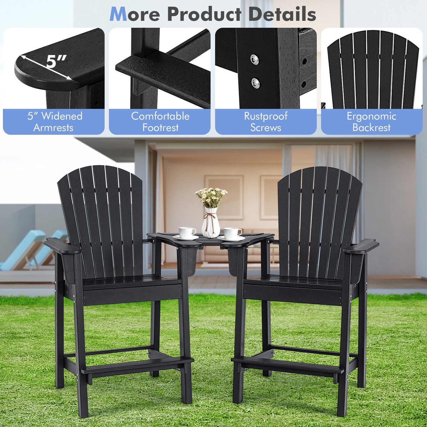 2 Pieces HDPE Tall Adirondack Chair with Middle Connecting Tray