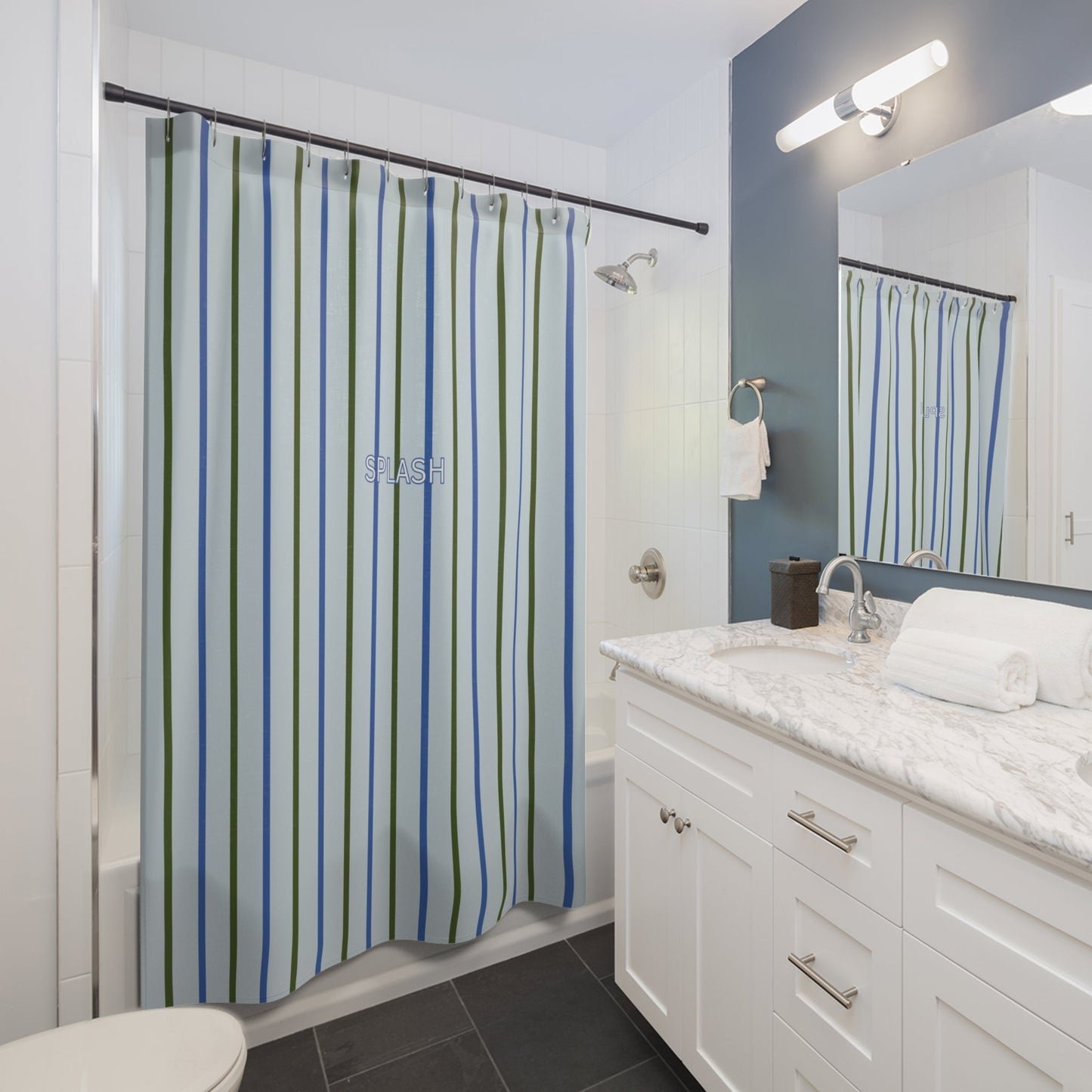 Striped 'SPLASH' Shower Curtain — Coastal Blue & Olive Bath Curtain