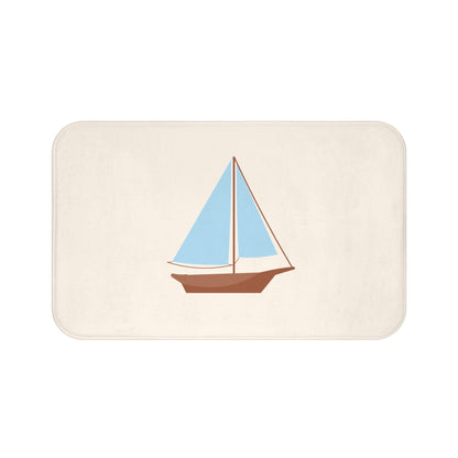 Nautical Vintage Sailboat Bath Mat, CREAM — Soft Coastal Bathroom Rug