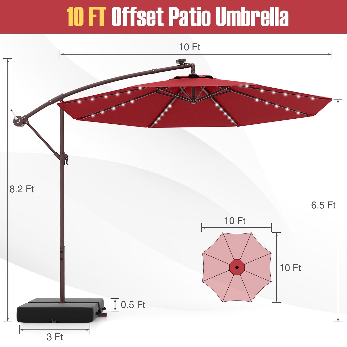 10 Ft Patio Umbrella Offset Cantilever Umbrella with 40 Solar Powered Lights
