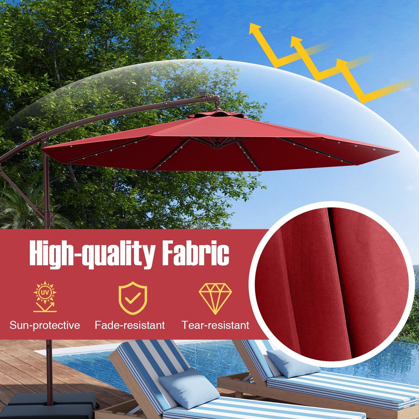10 Ft Patio Umbrella Offset Cantilever Umbrella with 40 Solar Powered Lights