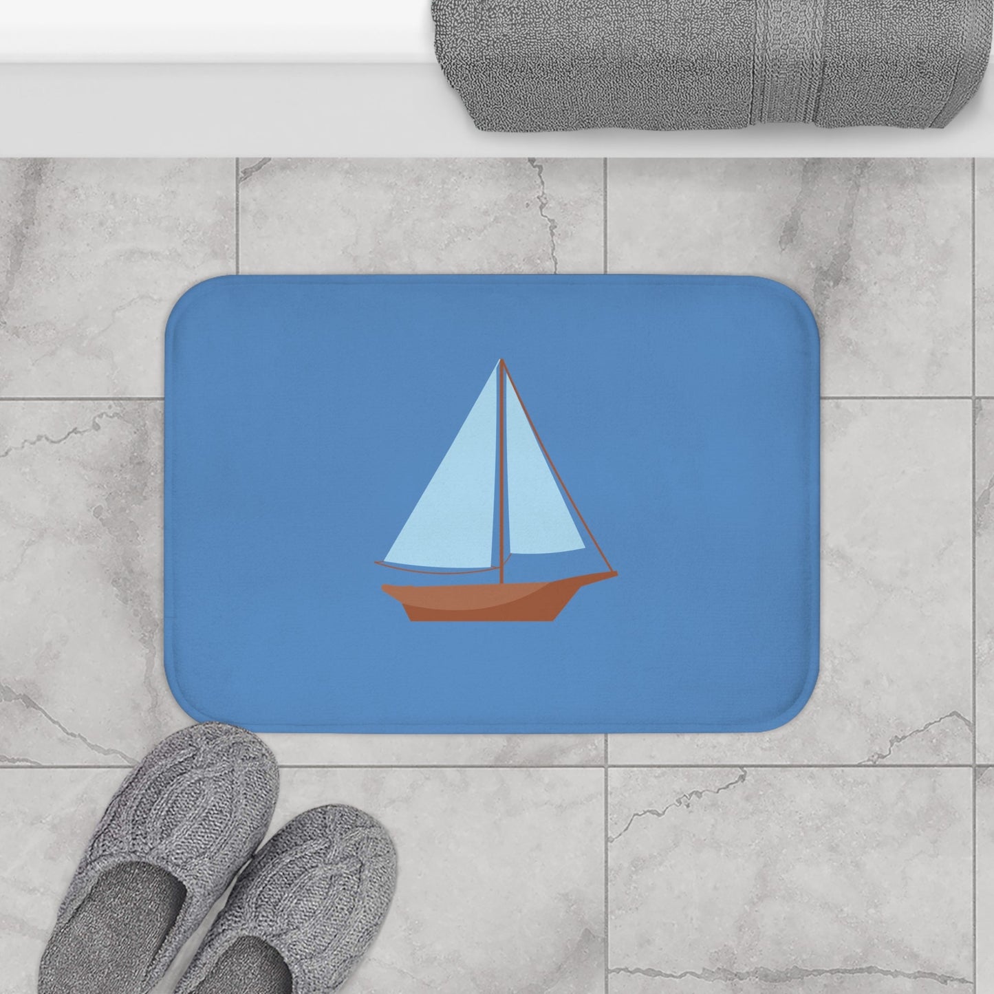 Nautical Vintage Sailboat Bath Mat, FRENCH BLUE — Soft Coastal Bathroom Rug