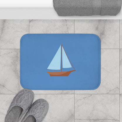 Nautical Vintage Sailboat Bath Mat, FRENCH BLUE — Soft Coastal Bathroom Rug