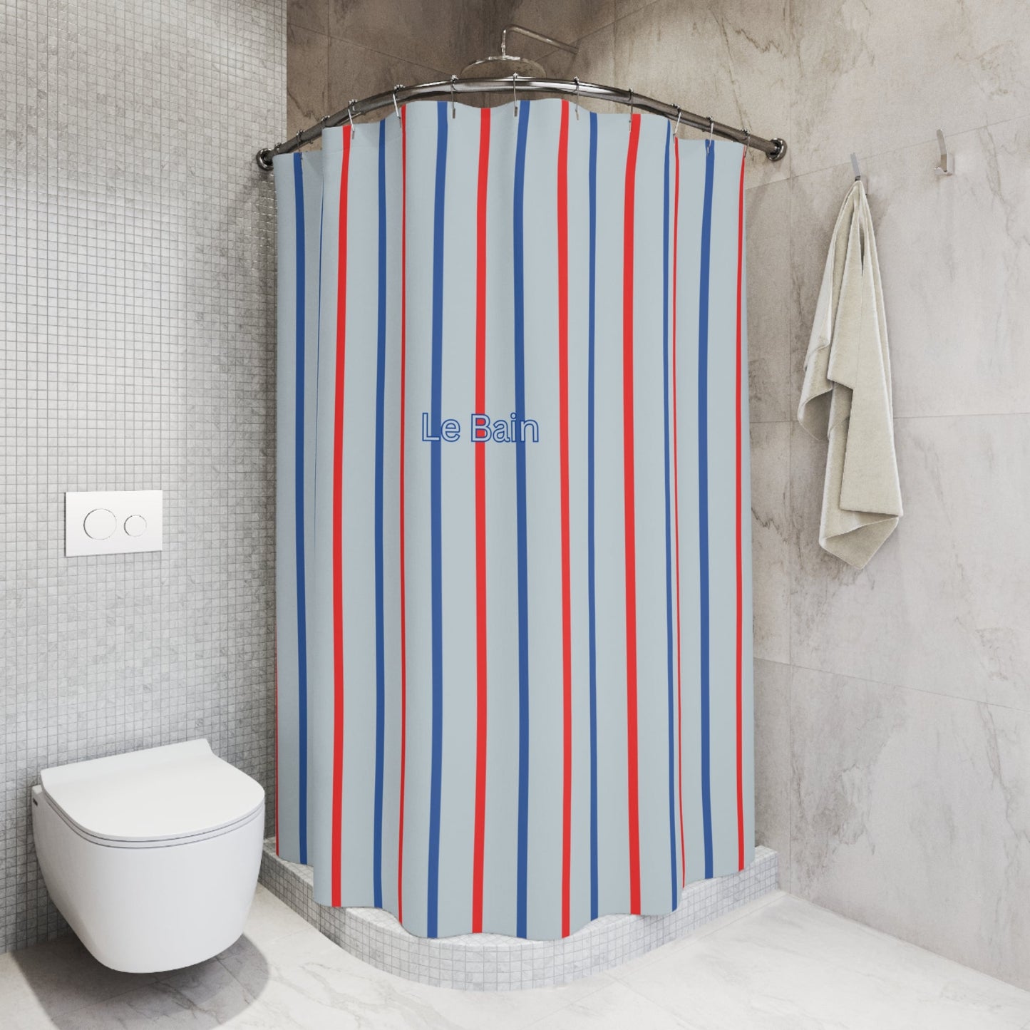 Coastal Blue 'Le Bain' Shower Curtain — French-Inspired Red & Blue Bathroom Decor