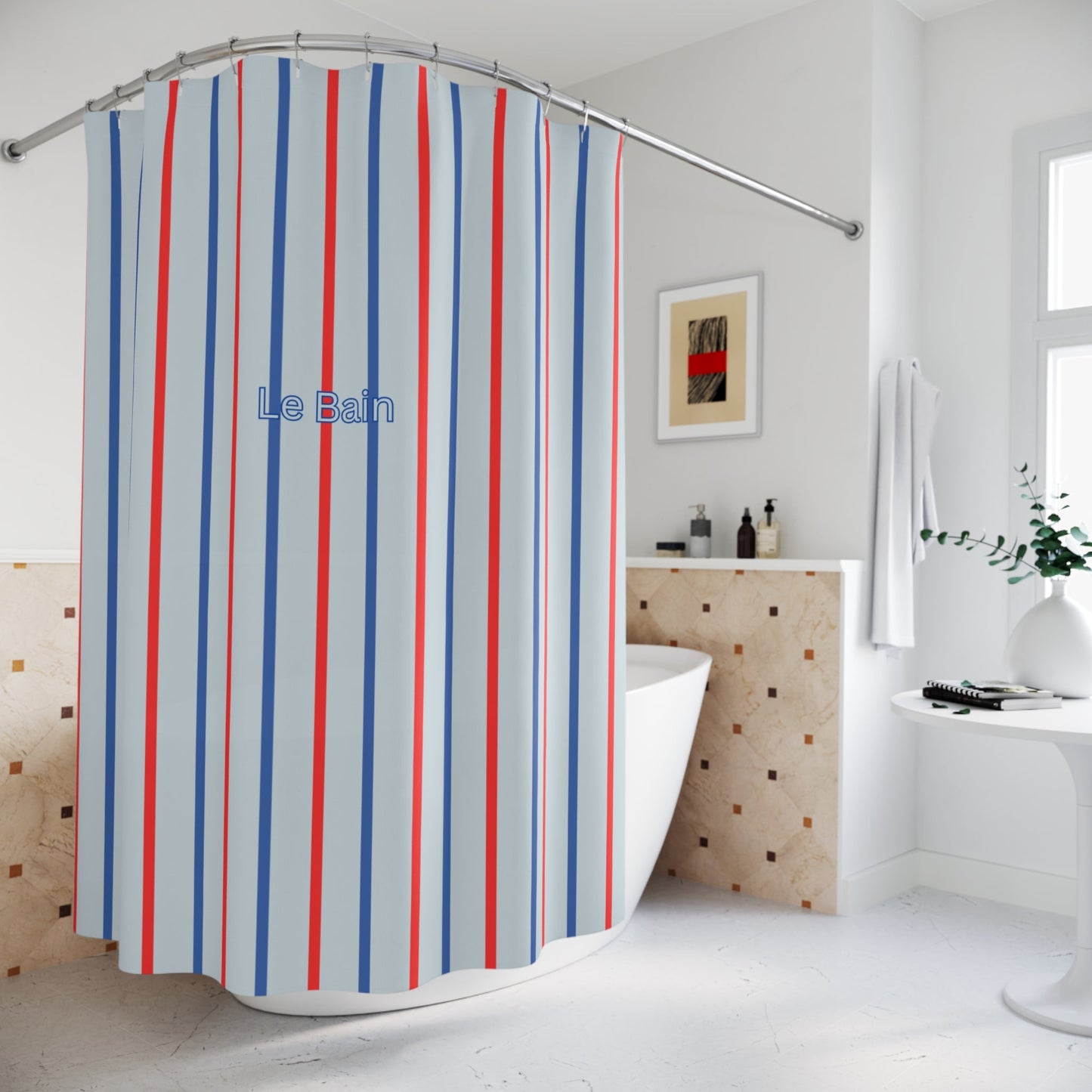 Coastal Blue 'Le Bain' Shower Curtain — French-Inspired Red & Blue Bathroom Decor