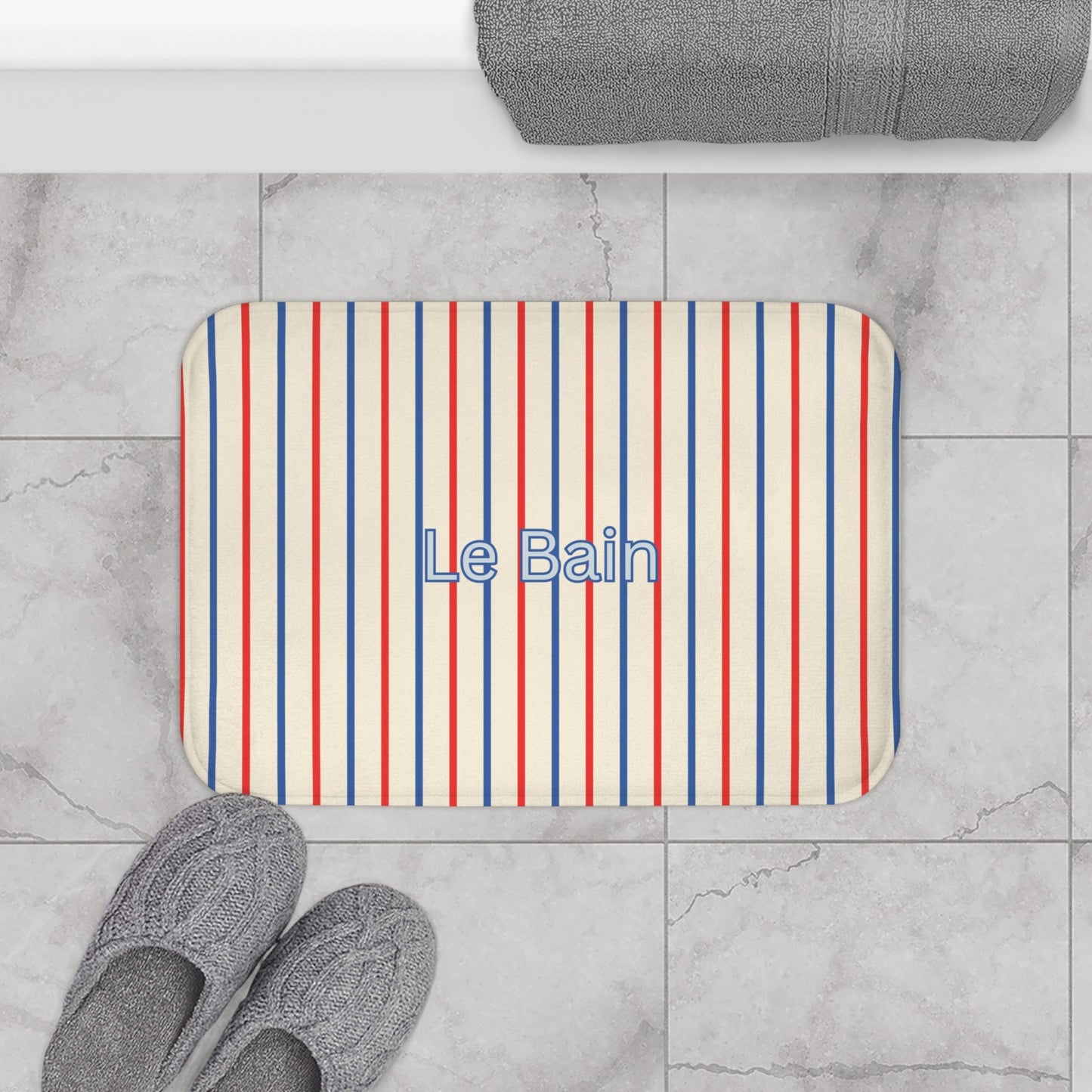 Le Bain Tricolor Striped Bath Mat, CREAM — French-Inspired Red & Blue Bathroom Rug