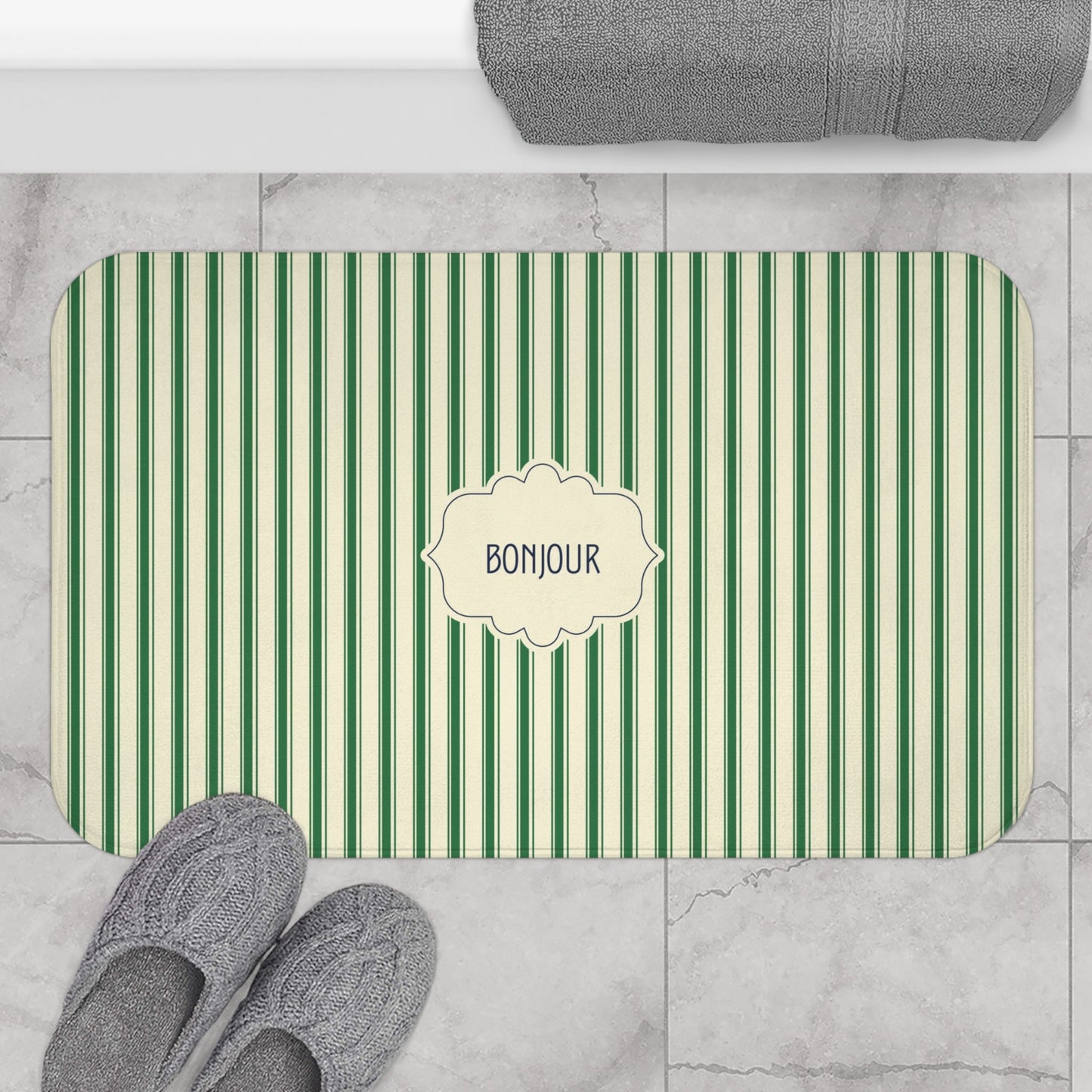 Bonjour GREEN Stripe Bath Mat — Vintage French Bathroom Rug