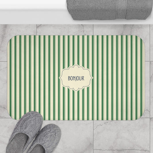 Bonjour GREEN Stripe Bath Mat — Vintage French Bathroom Rug
