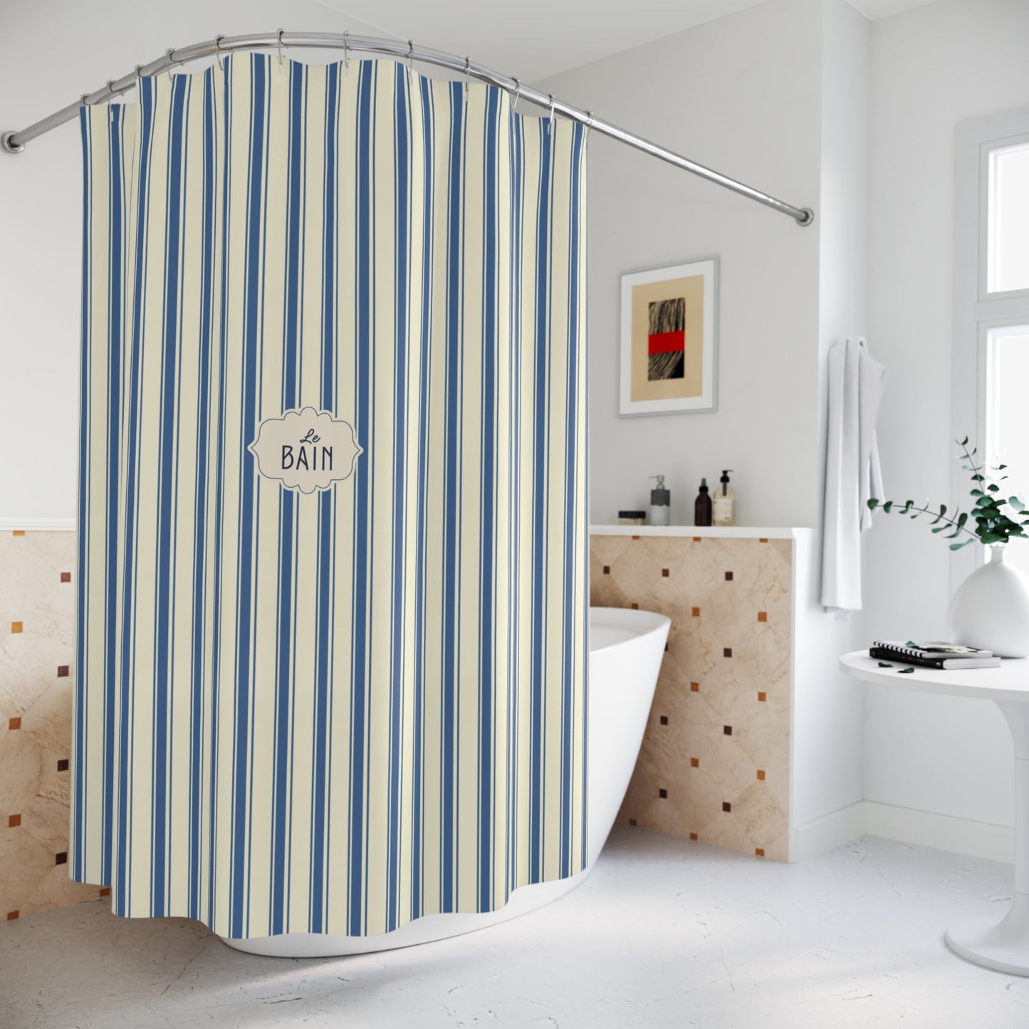 Le Bain Striped French Blue Shower Curtain | Nautical French Bathroom