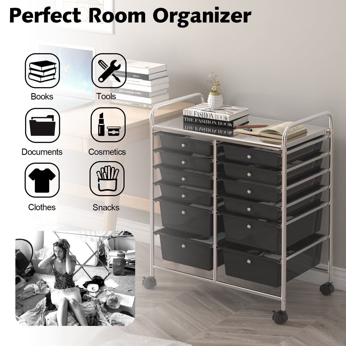 12 Storage Drawer Organizer Bins Rolling Cart