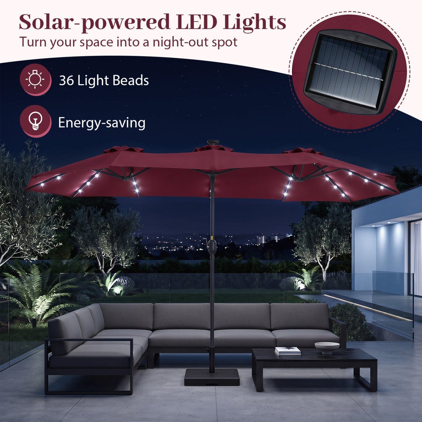 13 FT Double-Sided Patio Umbrella with 36 LED Lights