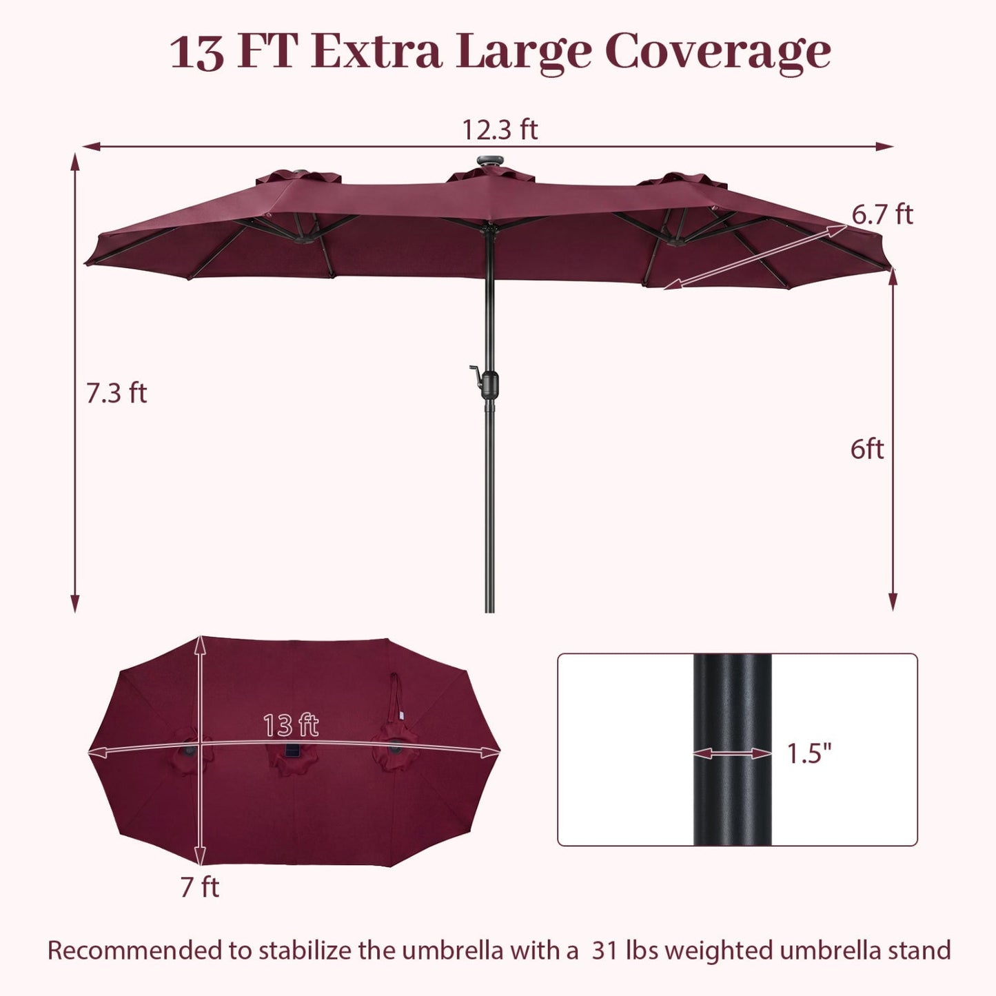 13 FT Double-Sided Patio Umbrella with 36 LED Lights