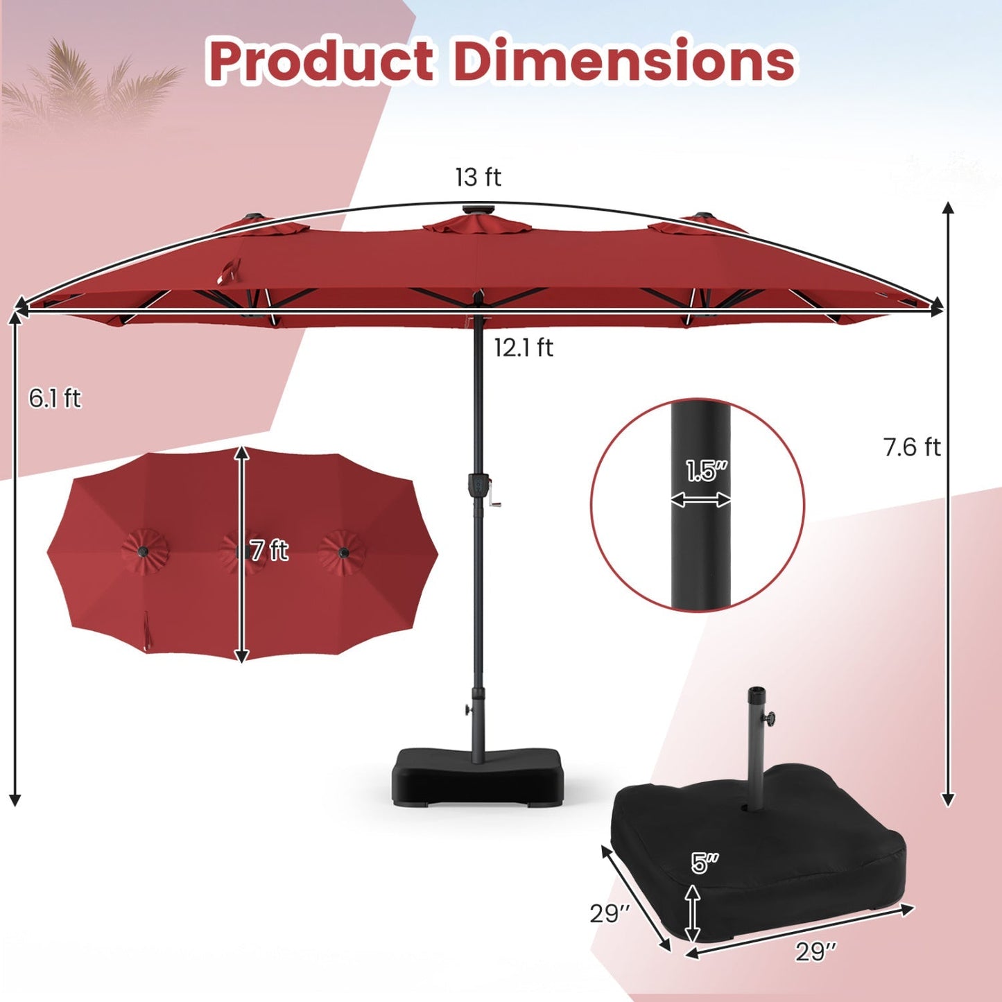 13 FT Double-Sided Patio Umbrella with 108 LED Lights & Base