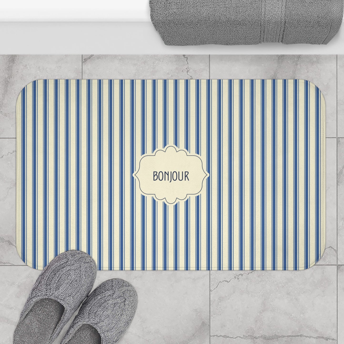Bonjour FRENCH BLUE Stripe Bath Mat — Vintage French Bathroom Rug