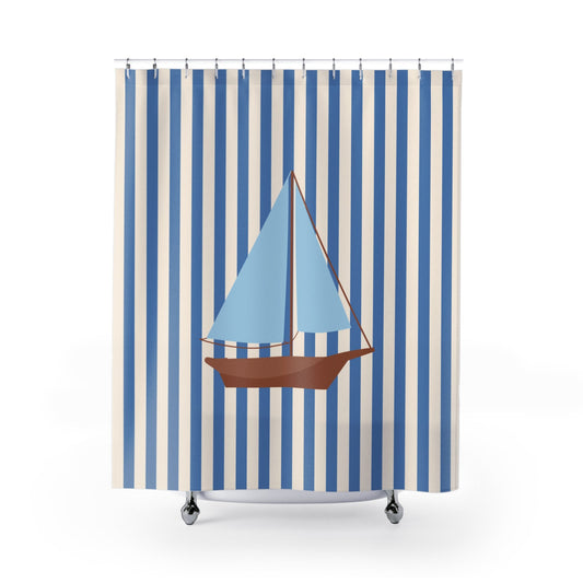 Nautical Cream Striped Shower Curtain with Vintage Sailboat — Coastal Bathroom Decor