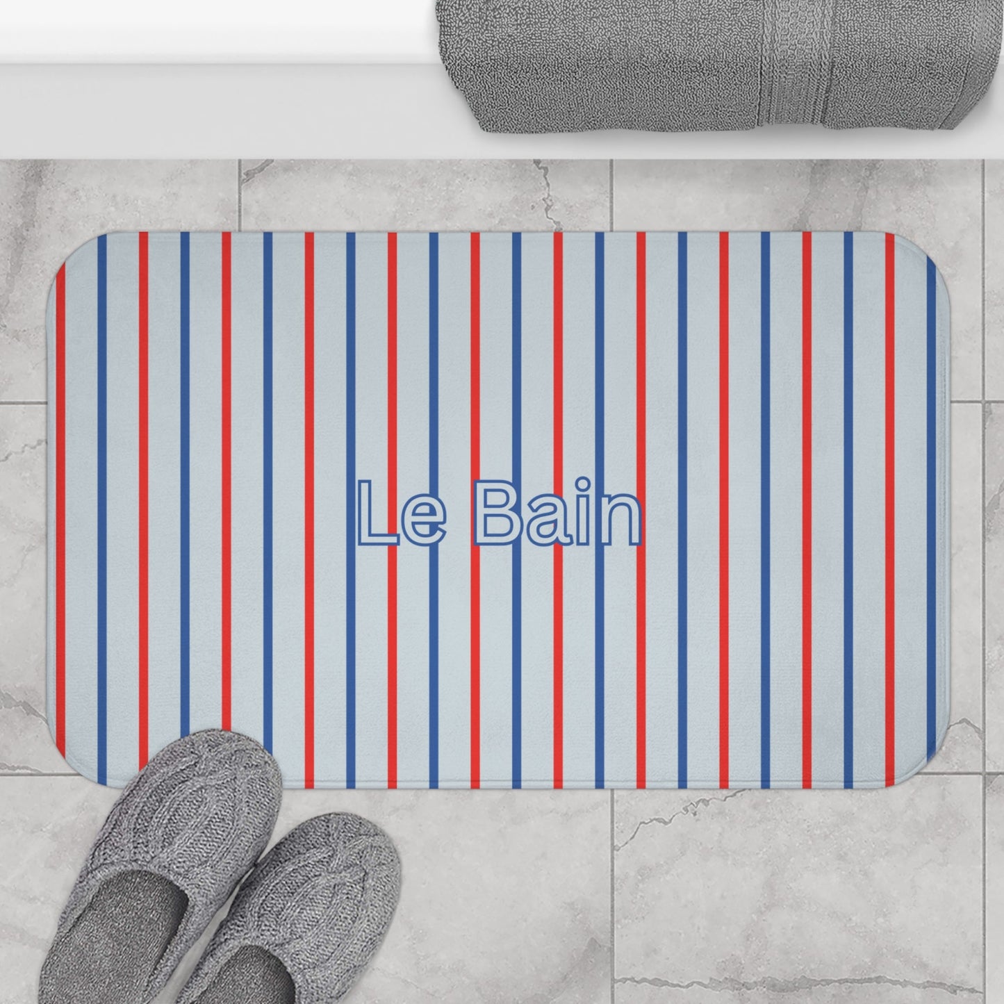 Le Bain Tricolor Striped Bath Mat, BLUE — French-Inspired Red & Blue Bathroom Rug