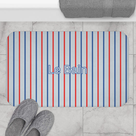 Le Bain Tricolor Striped Bath Mat, BLUE — French-Inspired Red & Blue Bathroom Rug