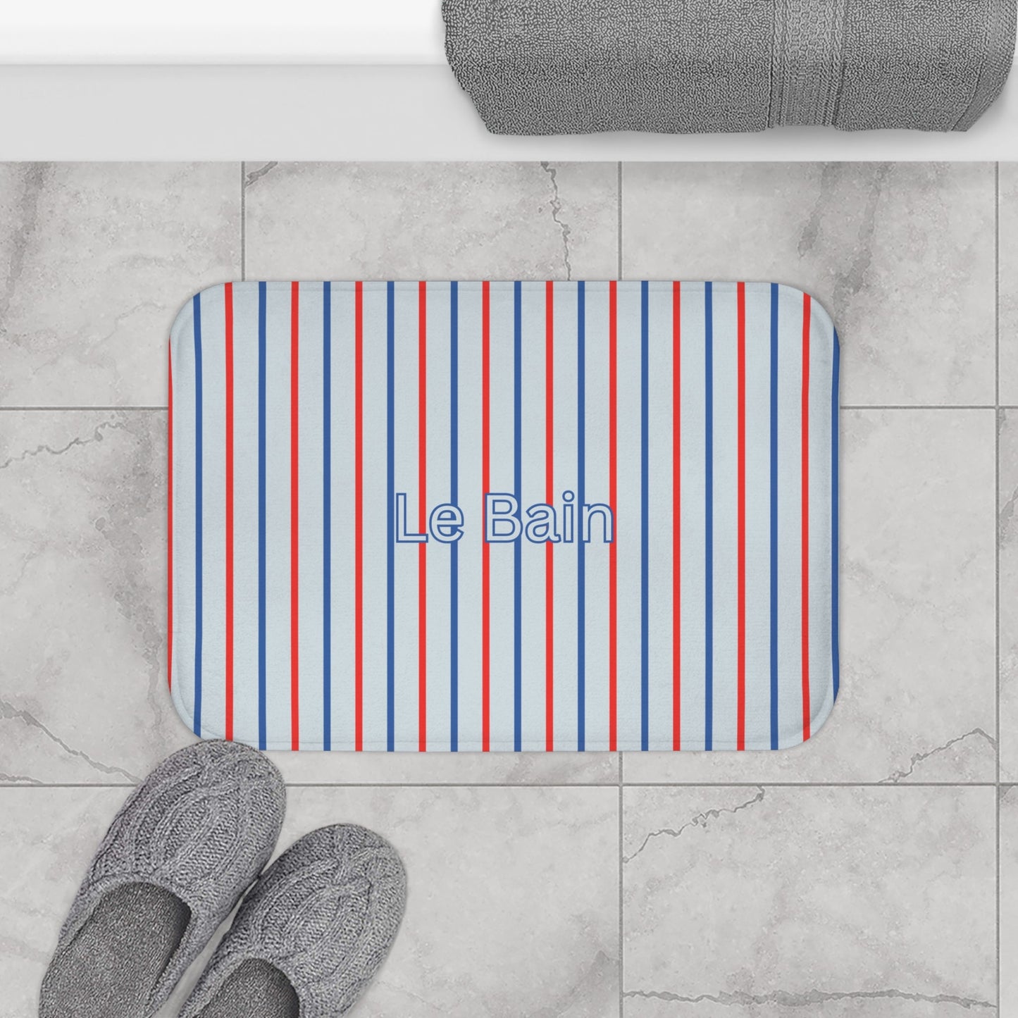 Le Bain Tricolor Striped Bath Mat, BLUE — French-Inspired Red & Blue Bathroom Rug