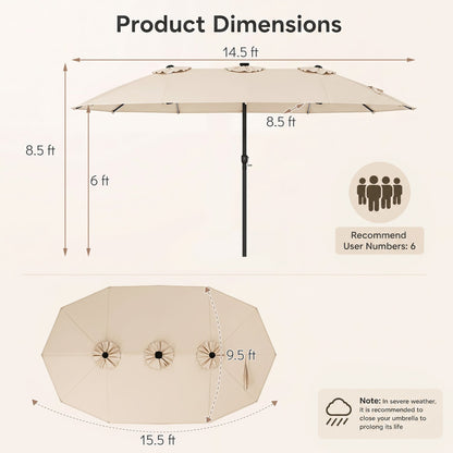 15.5 ft Patio Umbrella with Solar LED Lights & Crank