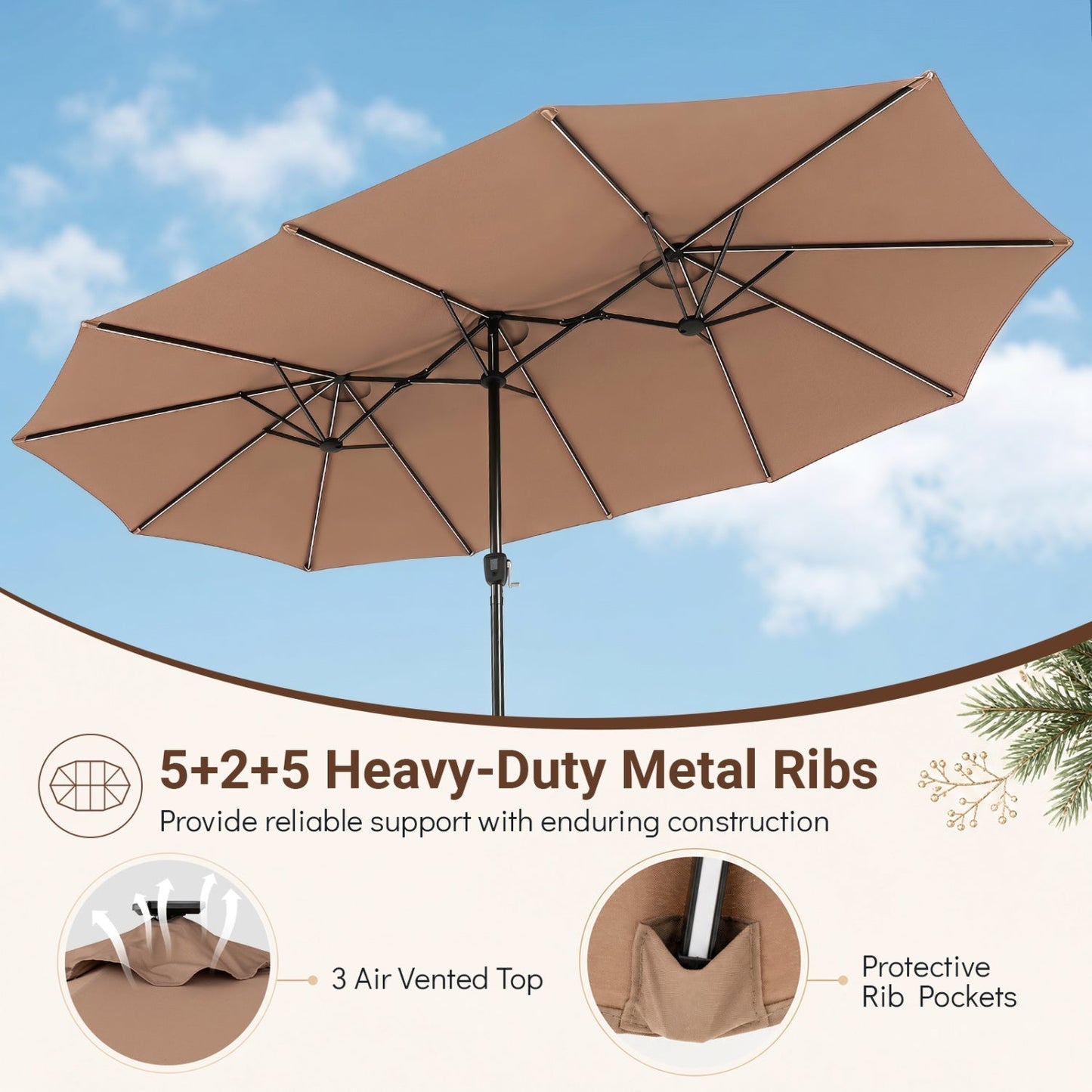 15.5 ft Patio Umbrella with Solar LED Lights & Crank