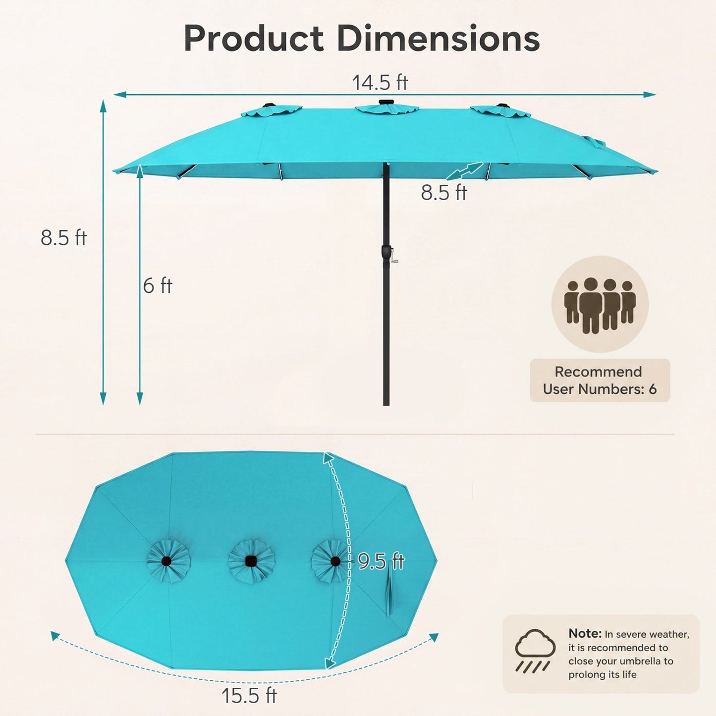 15.5 ft Patio Umbrella with Solar LED Lights & Crank