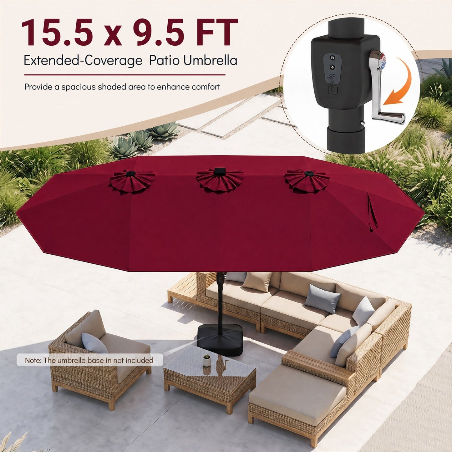 15.5 ft Patio Umbrella with Solar LED Lights & Crank