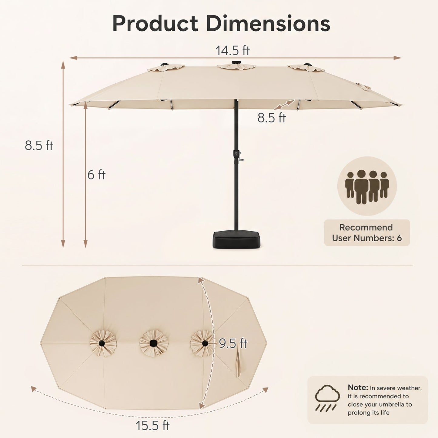 15.5 ft Patio Umbrella with Solar LED Lights and Base